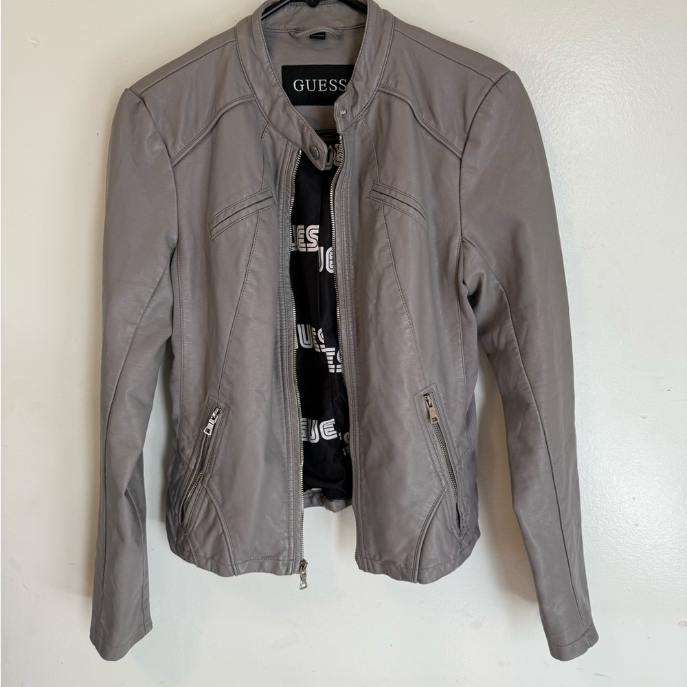 Guess Women's Gray Lined PU Vegan Leather Jacket Medium